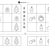Świąteczne karty pracy z motywami choinek, prezentów, gwiazdek, świec i wieńców. Sudoku dla dzieci.
