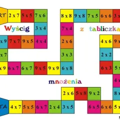 Gra planszowa "Wyścig mnożenia" dla 6 latka do druku. Rozwiąż przykłady i dotrzyj do mety!