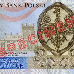 Pieniądze do druku: polski banknot 500 złotych z orłem. Widoczny napis "NARODOWY BANK POLSKI" i "PIEŚĆSET ZŁOTYCH".