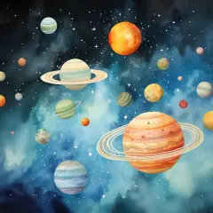 Kolorowe planety i gwiazdy na tle kosmicznej mgławicy.