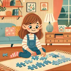 Dziewczynka układa niebieskie puzzle na dywanie. W pokoju stoi kanapa, regały z książkami i komoda. To świetna zabawa, rozwijająca gry logiczne.