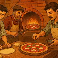 Trzech kucharzy przygotowuje pizzę przy piecu. To początek historii pizzy dla dzieci.