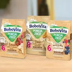 BoboVita: co na kolację dla niemowlaka zamiast kaszki? Trzy rodzaje porcji zbóż: malina-truskawka-banan, zbożowo-jaglana owocowa, owsianka jagoda-jeżyna-truskawka.