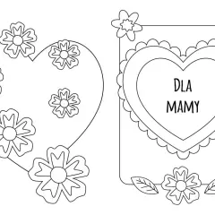 Dwie propozycje kartki dla mamy do druku: serce z kwiatami i ramka z sercem z napisem "DLA MAMY".