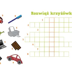 Krzyżówki dla dzieci do druku z obrazkami: okulary, czekolada, telefon, drukarka, laptop, auto, kubek, długopis.