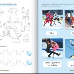 Karty pracy: zimowe sporty i ubrania. Kolorowanki i ćwiczenia grafomotoryczne.