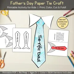 Zestaw do druku z krawatem na Dzień Ojca. Dzieci mogą go pokolorować, wyciąć i złożyć, tworząc "Tie-rific Dad".
