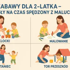 Kreatywne zabawy dla 2 latka: budowanie z klocków, malowanie, taniec i tor przeszkód.