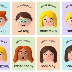 Zestaw kart do druku z emotikonami: wściekły, wesoły, zmartwiony, radosny, wystraszony, zaskoczony, spokojny, samotny.