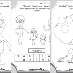 Zestaw kart pracy dla dzieci: kolorowanka dziadka, zadanie z literami do słowa RODZINA i tworzenie drzewa genealogicznego.