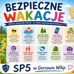 Plakat "Bezpieczne wakacje" przypomina o zasadach bezpieczeństwa: chroń się przed słońcem, kąp się bezpiecznie, uważaj na łonie natury, korzystaj z sieci mądrze, bądź widoczny na drodze.