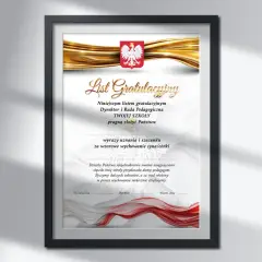 Elegancki list gratulacyjny wzór do druku z godłem Polski i złotymi wstęgami. Podziękowanie za wzorowe wychowanie.