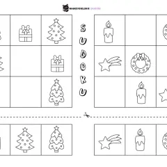 Świąteczne karty pracy z motywami choinek, prezentów, gwiazdek, świec i wieńców. Sudoku dla dzieci.