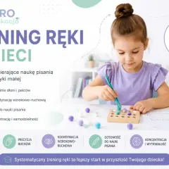 Dziewczynka ćwiczy pisanie po śladzie, rozwijając motorykę małą. Trening ręki przygotowuje do nauki pisania.