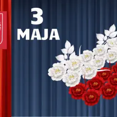 Biało-czerwone kwiaty i godło Polski jako dekoracje na 3 maja do druku.