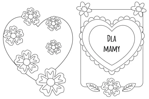 Dwie propozycje kartki dla mamy do druku: serce z kwiatami i ramka z sercem z napisem "DLA MAMY".