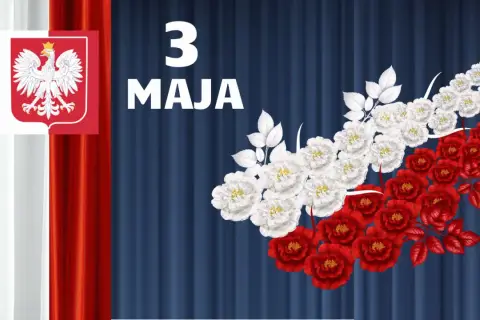 Biało-czerwone kwiaty i godło Polski jako dekoracje na 3 maja do druku.