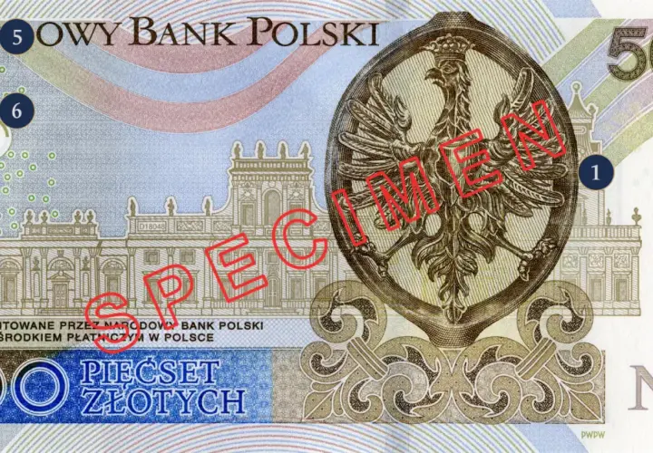 Pieniądze do druku: polski banknot 500 złotych z orłem. Widoczny napis "NARODOWY BANK POLSKI" i "PIEŚĆSET ZŁOTYCH".