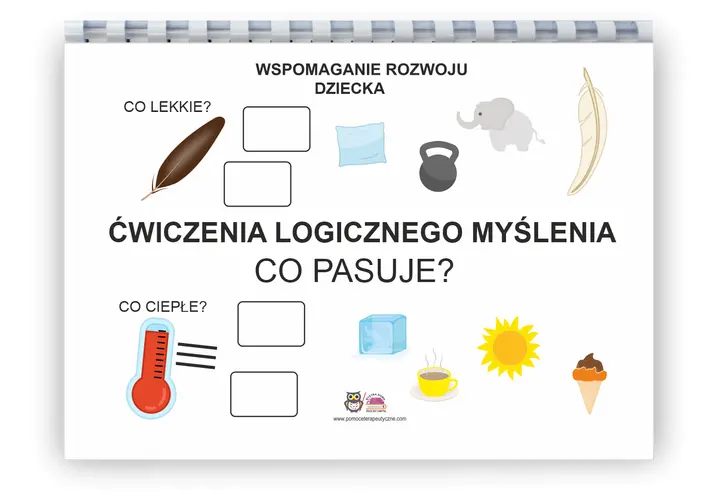 Ćwiczenia logicznego myślenia dla dzieci: piórko, poduszka, słoń, pióro – co jest lekkie? Termometr, lód, słońce, lody – co jest ciepłe?
