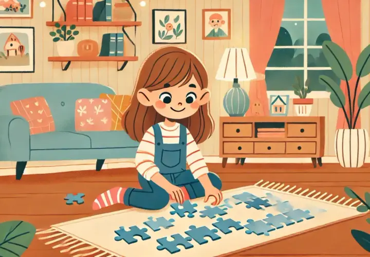 Dziewczynka układa niebieskie puzzle na dywanie. W pokoju stoi kanapa, regały z książkami i komoda. To świetna zabawa, rozwijająca gry logiczne.