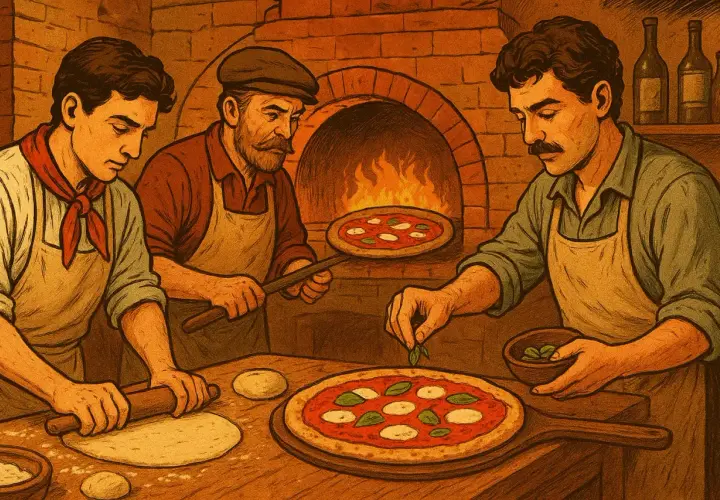 Trzech kucharzy przygotowuje pizzę przy piecu. To początek historii pizzy dla dzieci.