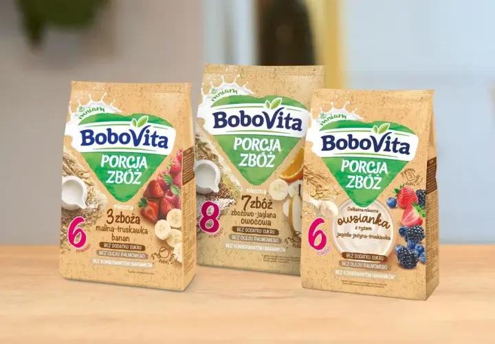 BoboVita: co na kolację dla niemowlaka zamiast kaszki? Trzy rodzaje porcji zbóż: malina-truskawka-banan, zbożowo-jaglana owocowa, owsianka jagoda-jeżyna-truskawka.