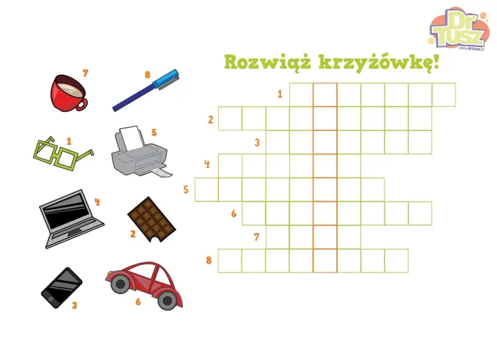 Krzyżówki dla dzieci do druku z obrazkami: okulary, czekolada, telefon, drukarka, laptop, auto, kubek, długopis.