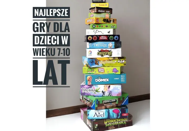 Stos gier planszowych, idealnych dla dzieci w wieku 7+, od "Sabotażysty" po "Wybuchową Mieszankę".
