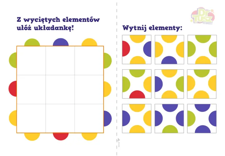 Z wyciętych elementów ułóż układankę! Na stronie znajdują się kolorowe kropki do wycięcia i ułożenia na siatce.