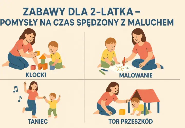 Kreatywne zabawy dla 2 latka: budowanie z klocków, malowanie, taniec i tor przeszkód.