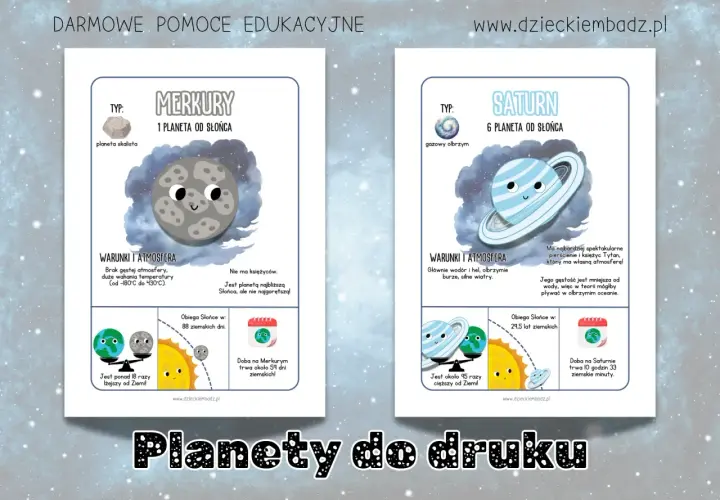 Układ słoneczny planety do druku: Merkury i Saturn z ciekawostkami.