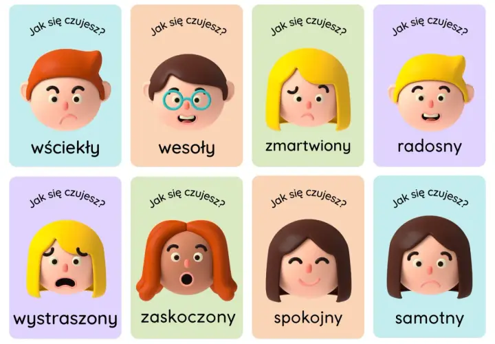 Zestaw kart do druku z emotikonami: wściekły, wesoły, zmartwiony, radosny, wystraszony, zaskoczony, spokojny, samotny.