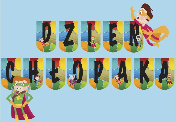 Napis do druku "Dzień Chłopaka" z superbohaterami.