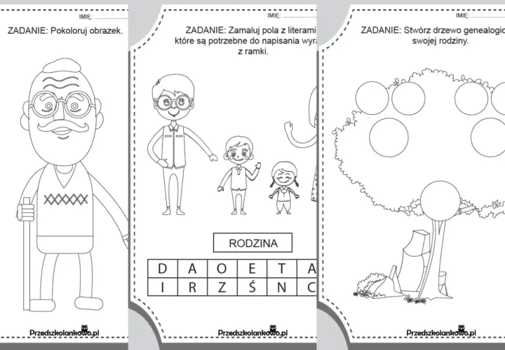 Zestaw kart pracy dla dzieci: kolorowanka dziadka, zadanie z literami do słowa RODZINA i tworzenie drzewa genealogicznego.