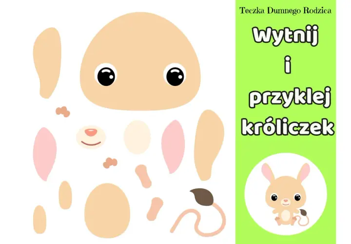 Zadania do wykonania dla dzieci do druku: wycinanka z królikiem. Zestaw elementów do złożenia uroczego króliczka.