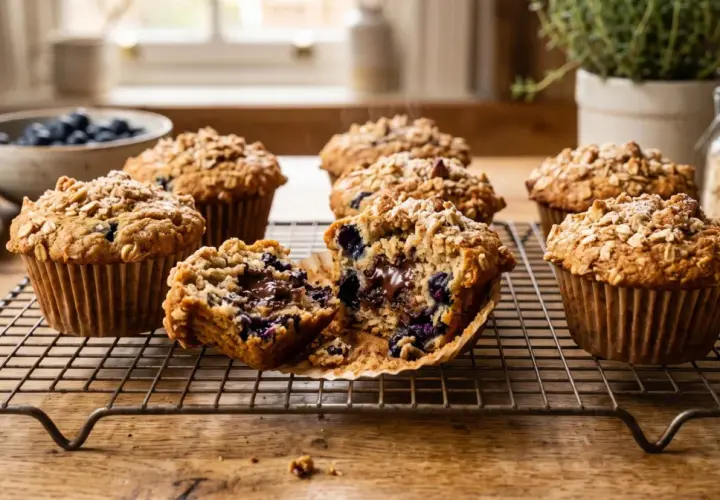Pyszne muffinki dla niemowlaka z jagodami i czekoladą, posypane płatkami owsianymi, na kratce do studzenia.