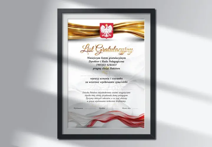 Elegancki list gratulacyjny wzór do druku z godłem Polski i złotymi wstęgami. Podziękowanie za wzorowe wychowanie.