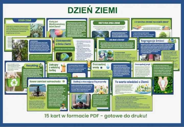Dzień Ziemi gazetka do druku: 15 kart PDF z ciekawostkami, historią, poradami jak dbać o planetę, segregować śmieci, oszczędzać wodę i prąd.