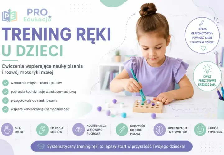 Dziewczynka ćwiczy pisanie po śladzie, rozwijając motorykę małą. Trening ręki przygotowuje do nauki pisania.