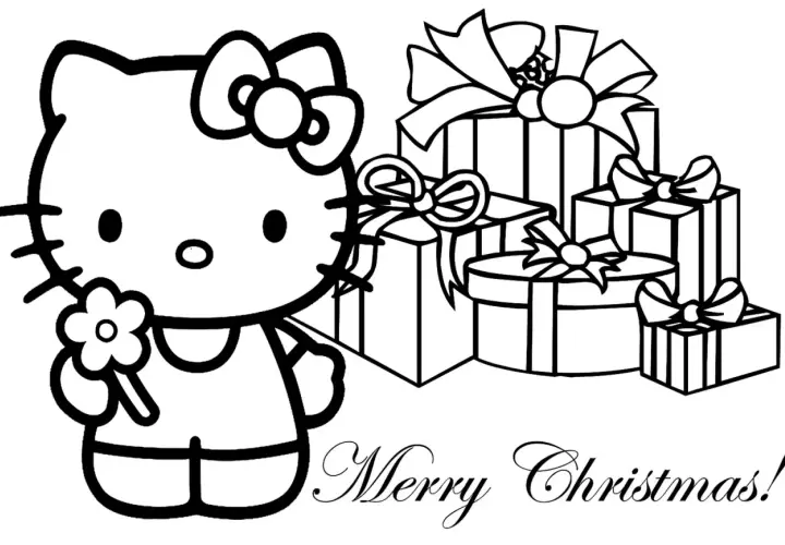 Kolorowanka świąteczna z Hello Kitty i prezentami. Idealna do pokolorowania na Boże Narodzenie.