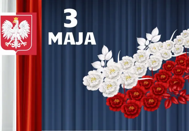 Biało-czerwone kwiaty i godło Polski jako dekoracje na 3 maja do druku.
