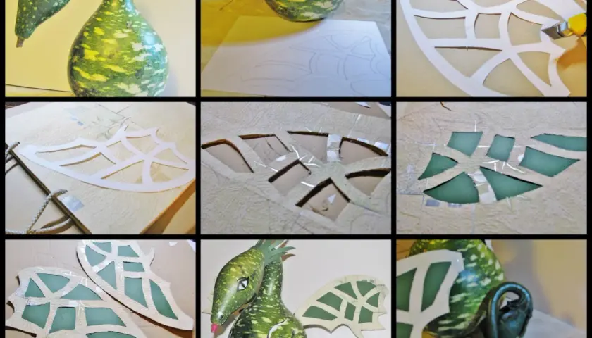 Witraż z papieru i bibuły wzory do wydruku. Tworzenie smoka z tykwy, wycinanie skrzydeł z papieru.
