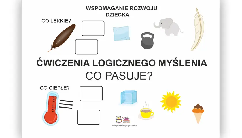 Ćwiczenia logicznego myślenia dla dzieci: piórko, poduszka, słoń, pióro – co jest lekkie? Termometr, lód, słońce, lody – co jest ciepłe?