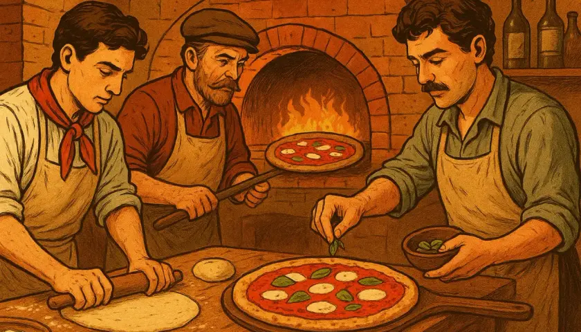 Trzech kucharzy przygotowuje pizzę przy piecu. To początek historii pizzy dla dzieci.