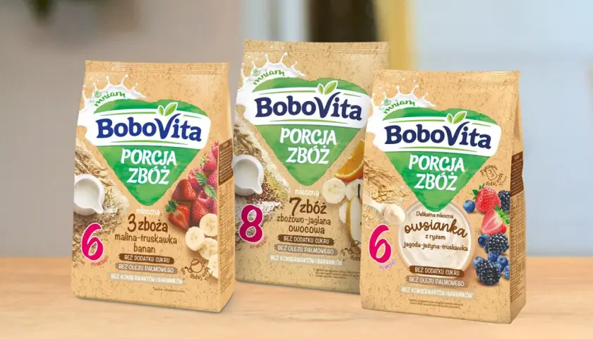 BoboVita: co na kolację dla niemowlaka zamiast kaszki? Trzy rodzaje porcji zbóż: malina-truskawka-banan, zbożowo-jaglana owocowa, owsianka jagoda-jeżyna-truskawka.