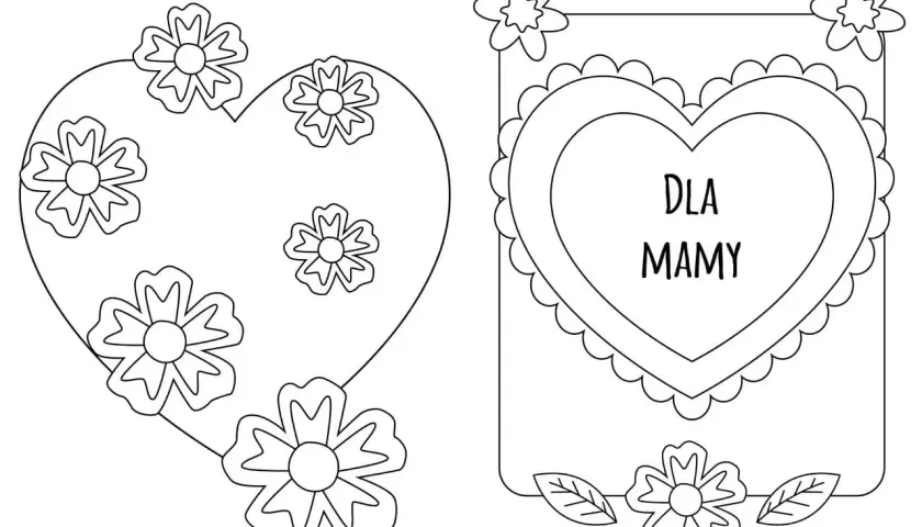Dwie propozycje kartki dla mamy do druku: serce z kwiatami i ramka z sercem z napisem "DLA MAMY".