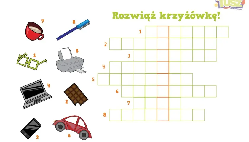 Krzyżówki dla dzieci do druku z obrazkami: okulary, czekolada, telefon, drukarka, laptop, auto, kubek, długopis.