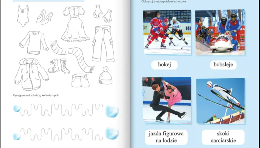 Karty pracy: zimowe sporty i ubrania. Kolorowanki i ćwiczenia grafomotoryczne.