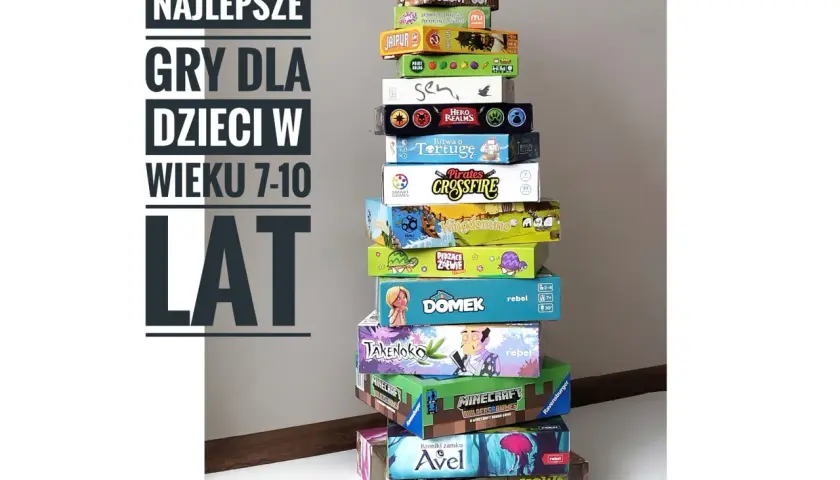 Stos gier planszowych, idealnych dla dzieci w wieku 7+, od "Sabotażysty" po "Wybuchową Mieszankę".