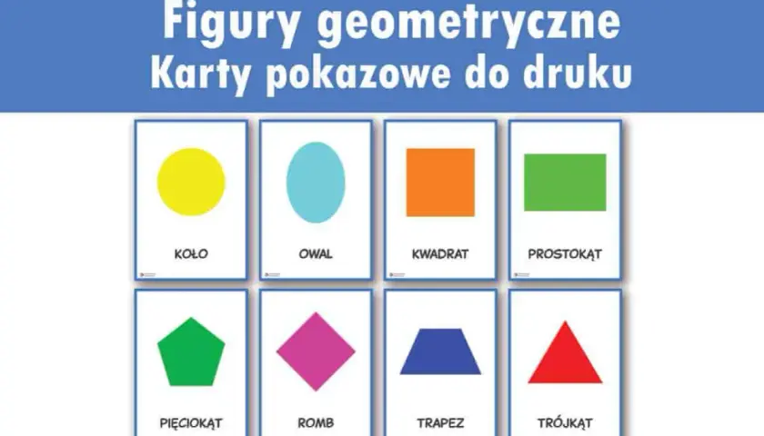 Karty edukacyjne dla przedszkola: figury geometryczne – koło, owal, kwadrat, prostokąt, pięciokąt, romb, trapez, trójkąt.